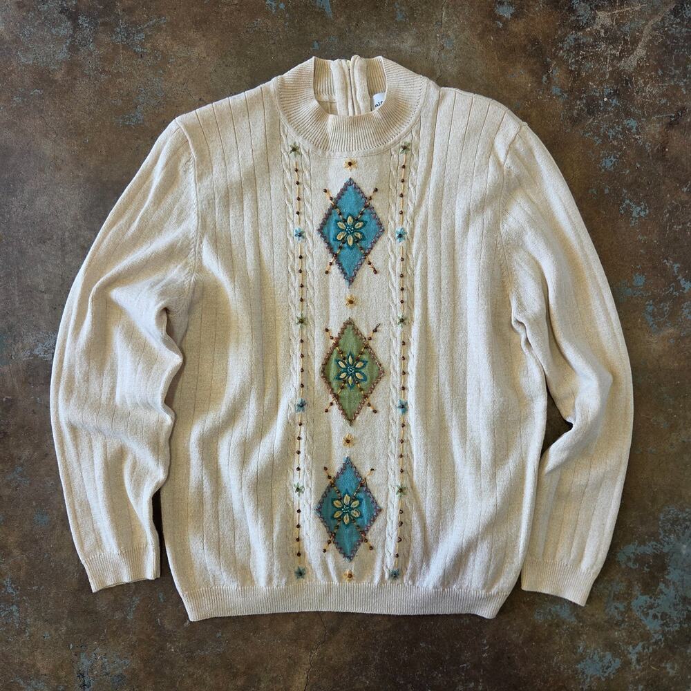 Vintage 90s Cottagecore Sweater Size L Mock Neck Argyle Coquette Tan Applique